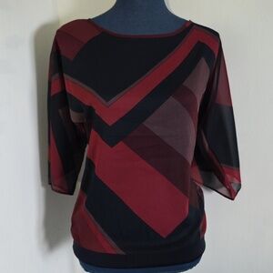 New York & Co Sheer Bkack Red Geometric Blouse Top